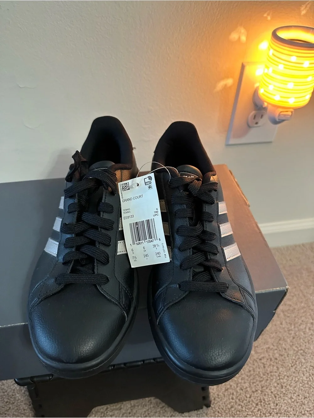 adidas Grand Court Base, Women’s Black Sneakers with Silver 3-Stripes Size 71/2